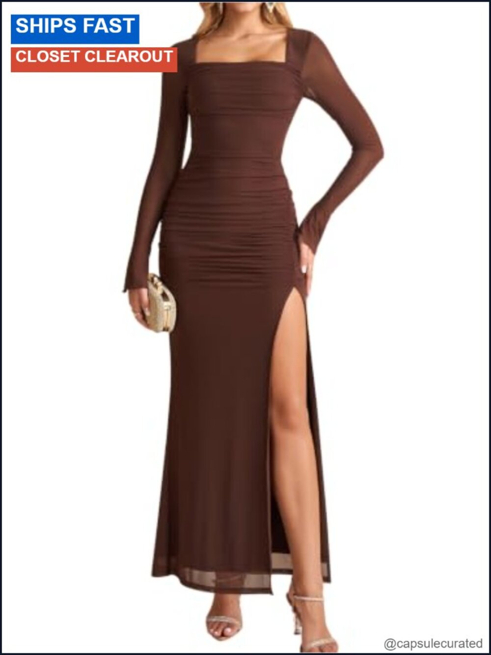 Long Sleeve Maxi Dress Square Neck High Slit Bodycon Formal Wedding Guest